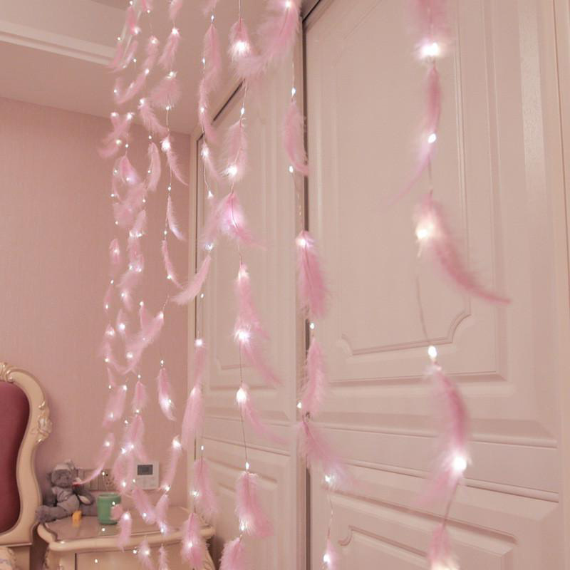 DIY Pink Feather Decorative LED Curtain String Lights 2*1M USB Power With Remote For Window Girl Bedroom Party Decoration