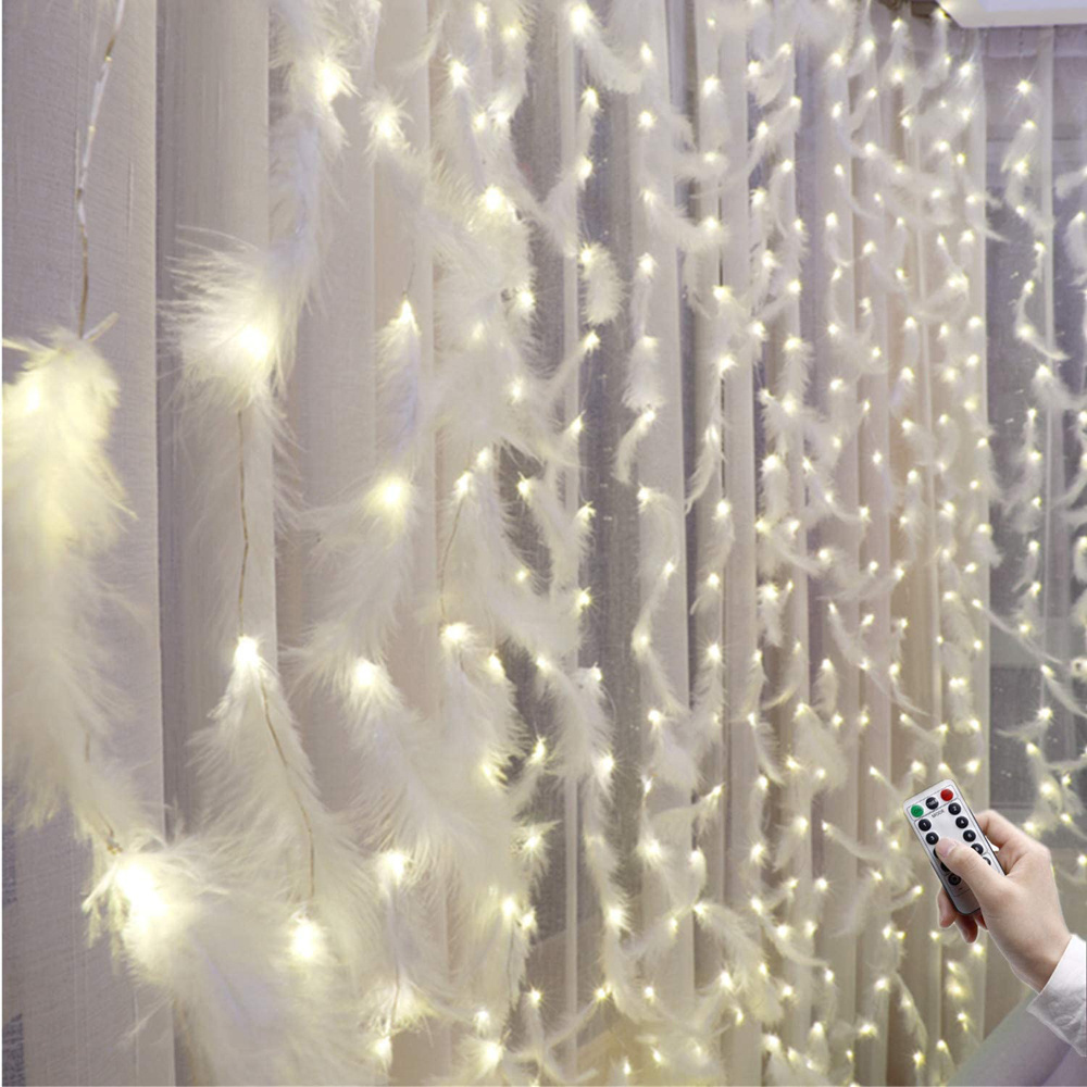 DIY Pink Feather Decorative LED Curtain String Lights 2*1M USB Power With Remote For Window Girl Bedroom Party Decoration