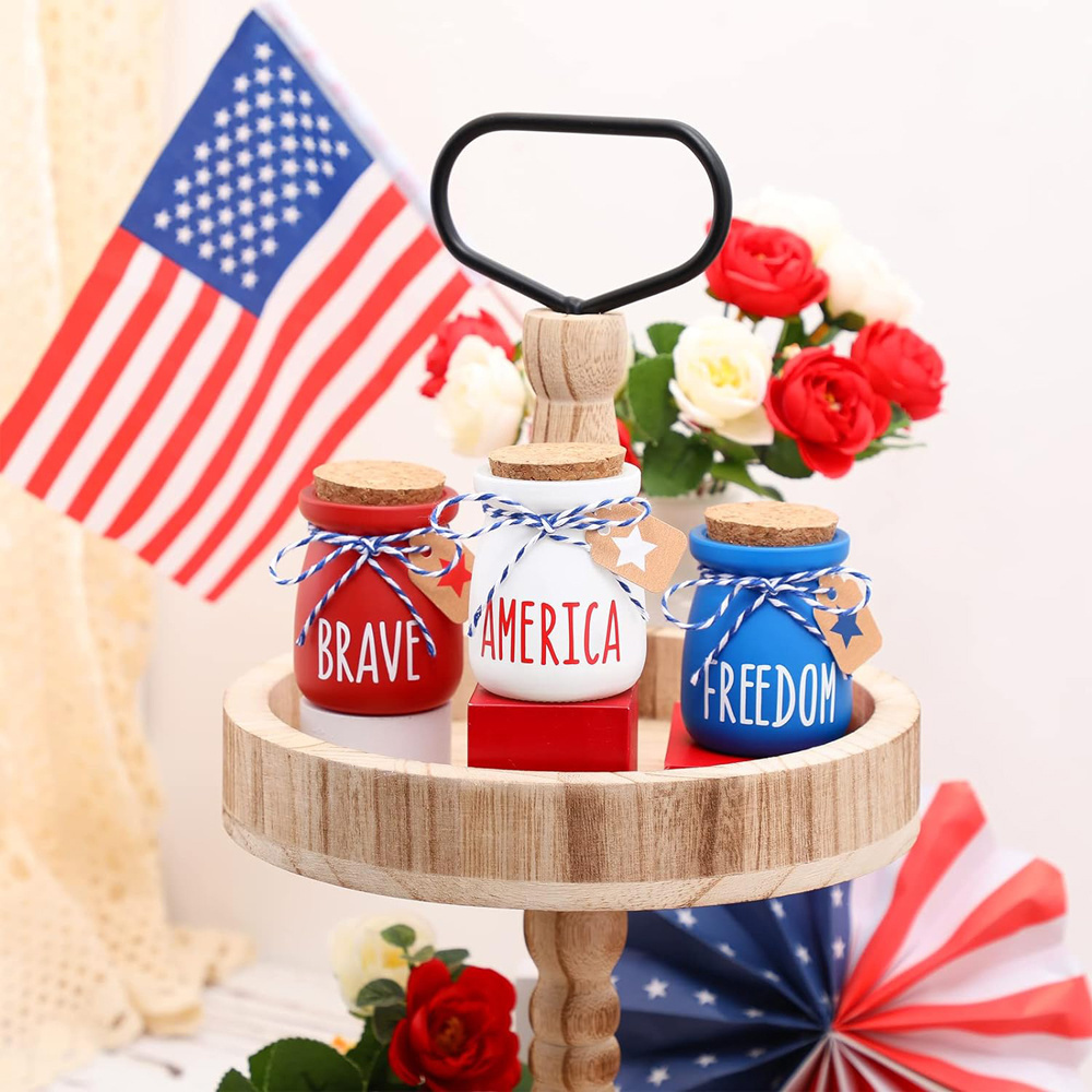 4th of July Mini Pudding Mason Jars with Lids Tiered Tray For Farmhouse Home Kitchen Shelf Tabletop Table Centerpiece Decoration