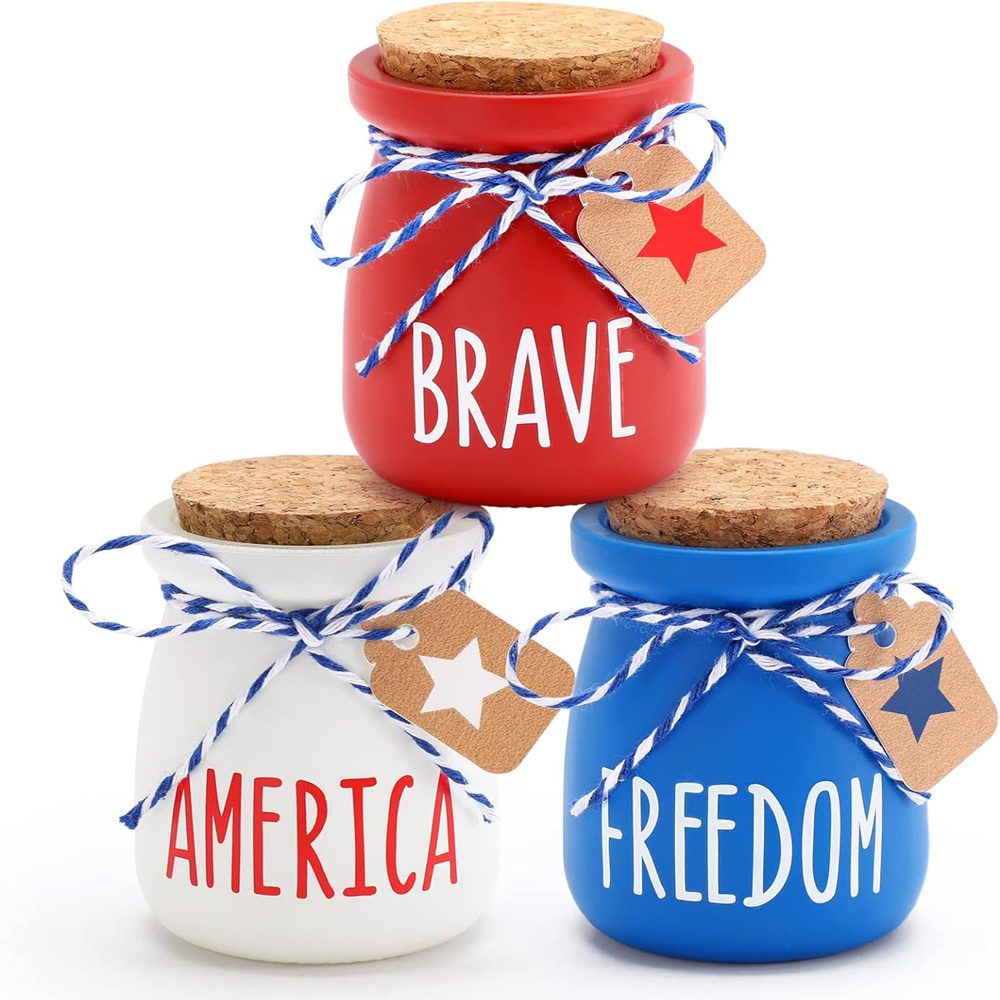 4th of July Mini Pudding Mason Jars with Lids Tiered Tray For Farmhouse Home Kitchen Shelf Tabletop Table Centerpiece Decoration