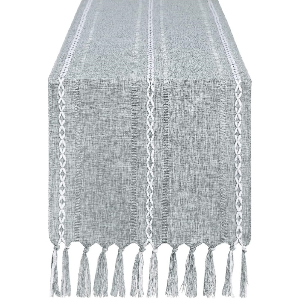 Farmhouse Embroidery Hemstitched Contemporary Fringed Striped Cotton Linen Table Runners with Hand-tassels for Hotel Decor