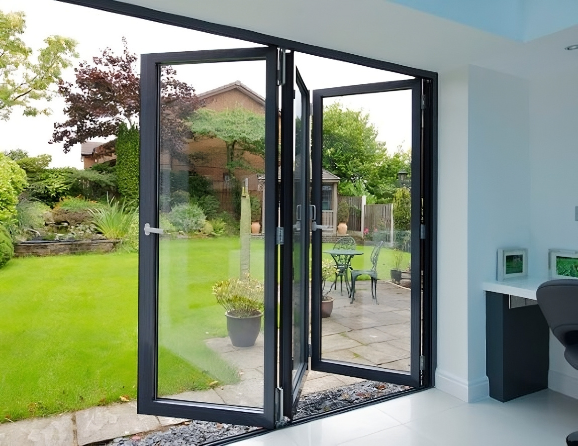 Commercial Exterior Energy Efficient Bi-Fold Patio Door According Folding Out swing Glass Bi fold Design with flyscreen