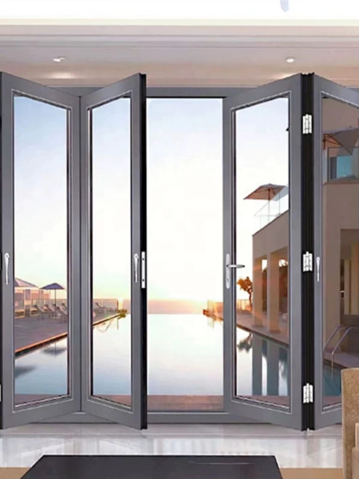 Commercial Exterior Energy Efficient Bi-Fold Patio Door According Folding Out swing Glass Bi fold Design with flyscreen