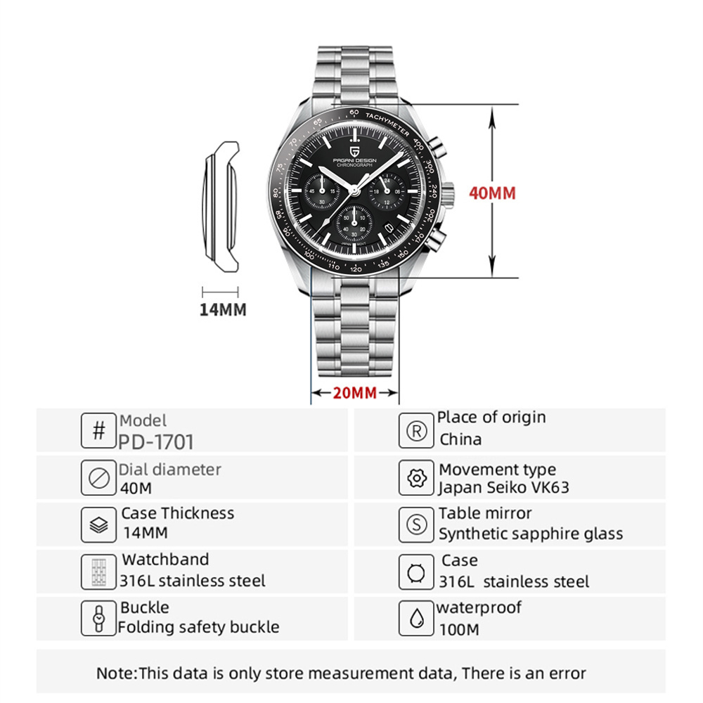 PAGANI DESIGN 1701 Version 3 Luxury Quartz Chronograph Watches for Men VK63 Stainless Steel Sport 100m Waterproof Wristwatches