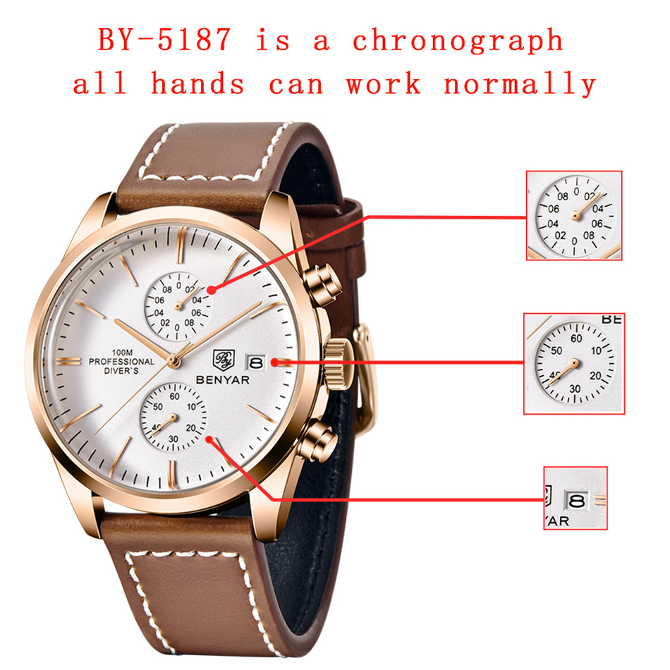 benyar 5187 Men Wristwatch Luxury Waterproof Sports Watch Business Quartz Watches Fashionable Gentleman Leather Strap Watch