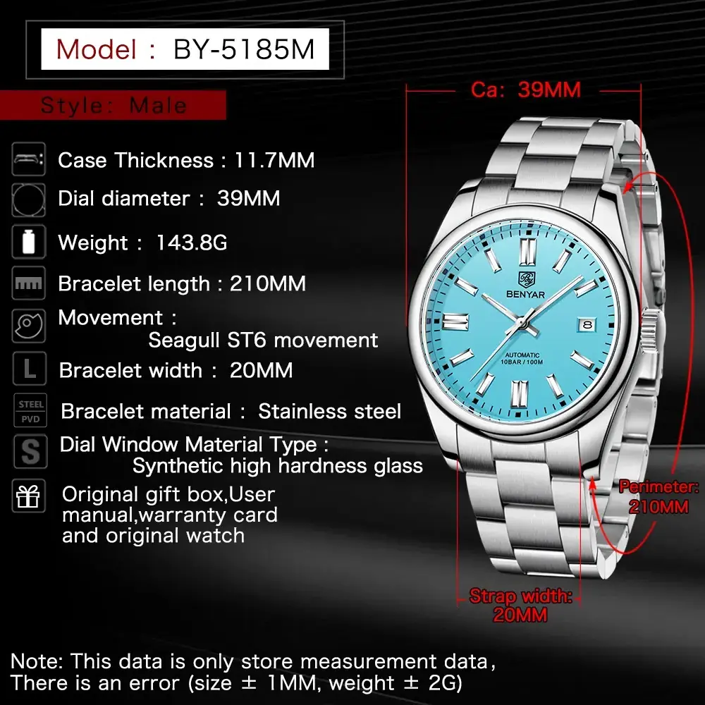 BENYAR 5185 Luxury Brand Men Mechanical Watches New Seagull Movt Men Automatic Wristwatches 100m Waterproof Sport Diving Watches