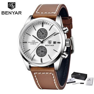 benyar 5187 Men Wristwatch Luxury Waterproof Sports Watch Business Quartz Watches Fashionable Gentleman Leather Strap Watch