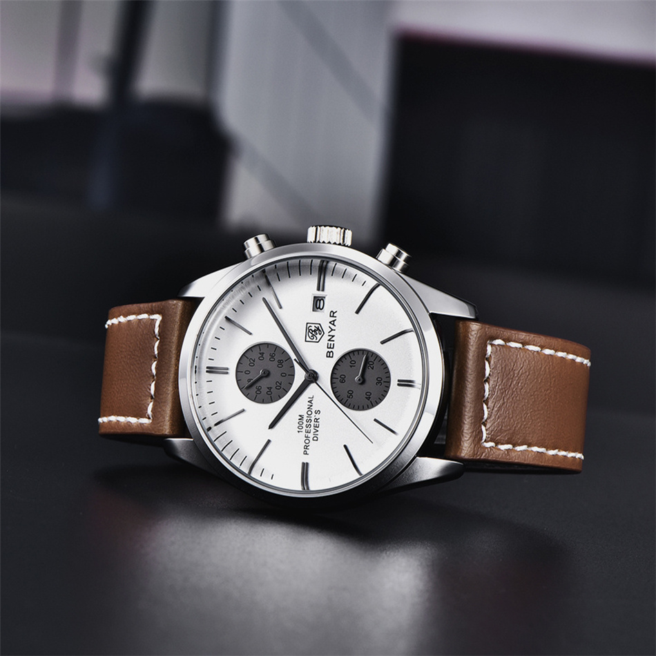 benyar 5187 Men Wristwatch Luxury Waterproof Sports Watch Business Quartz Watches Fashionable Gentleman Leather Strap Watch