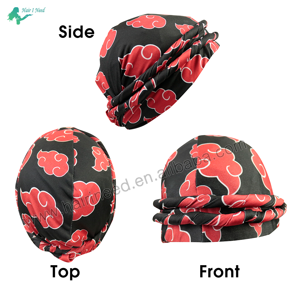 Custom Logo Printed Twist Satin Lined Head Wraps Beanies Cap Durags Dreadlocks Mens Satin Lined Turban Hat for Men