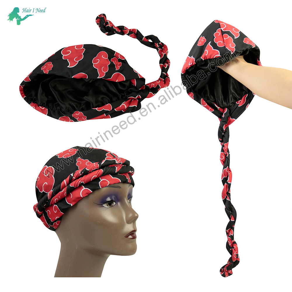 Custom Logo Printed Twist Satin Lined Head Wraps Beanies Cap Durags Dreadlocks Mens Satin Lined Turban Hat for Men