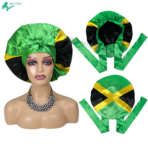 Satin Jamaica Flag Bonnet with Ties Long Hair Care Women Night Sleep Hat Adjust Hair Styling Cap Silk Head Wrap Shower Cap