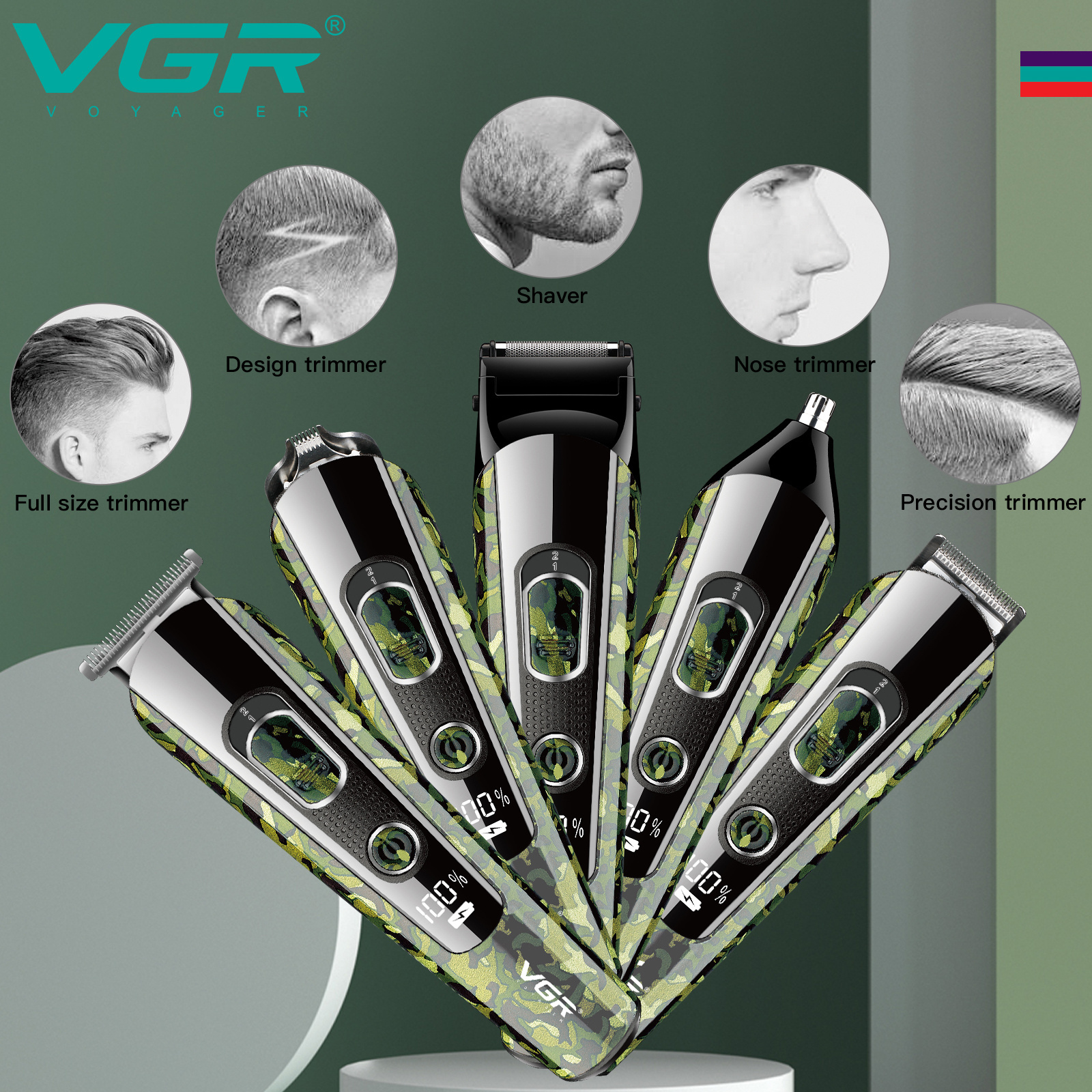 VGR V-102 Mens Grooming Kits 5 in 1 Beard Shaver Rechargeable Professional Electric Hair Clipper Body and Nose Trimmer for Men