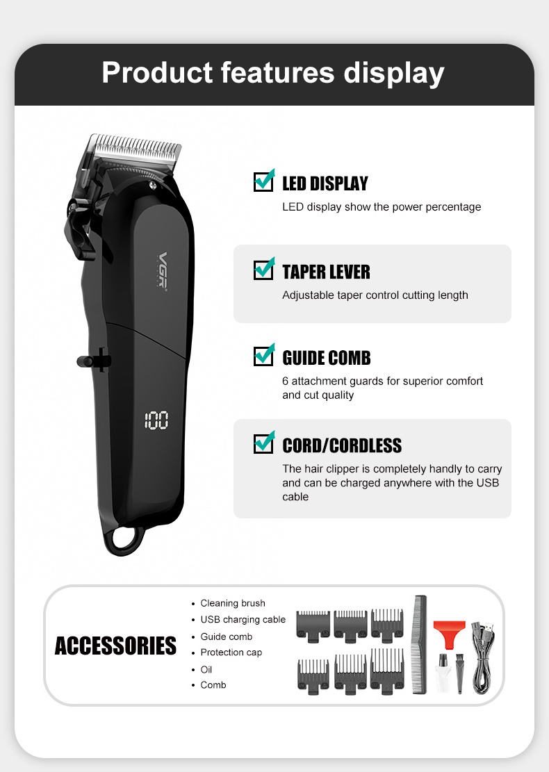 VGR V-118  Hair Cut Machine Rechargeable Barber Cordless Professional Hair Clipper for Men