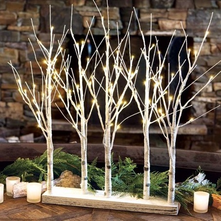 LED Lighted White Birch Tree Lineup Fence Grove Lights 30IN