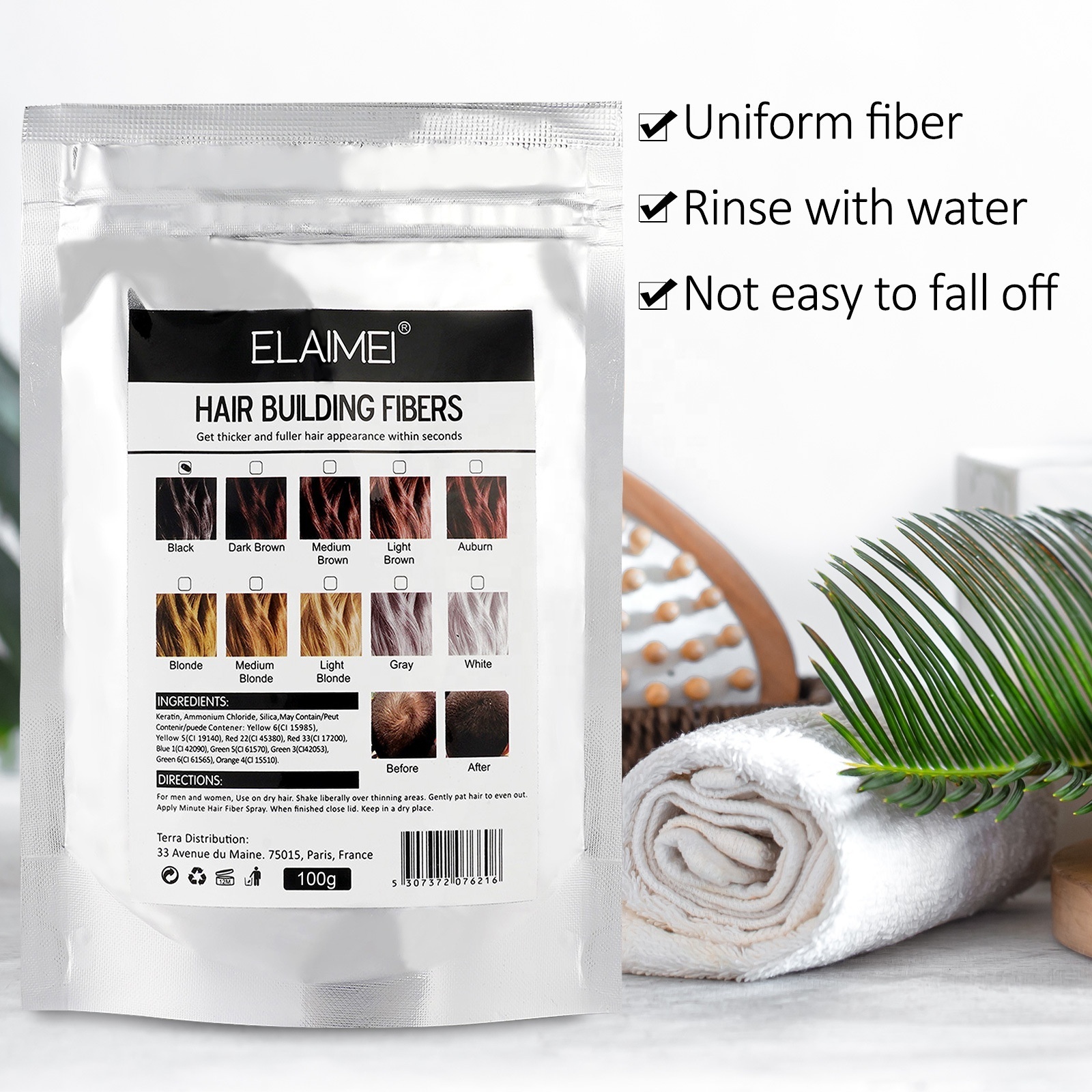 Elaimei keratin hair building fibers powder overhead color replenishing sprayer hair fiber bottle applicator for thinning hair