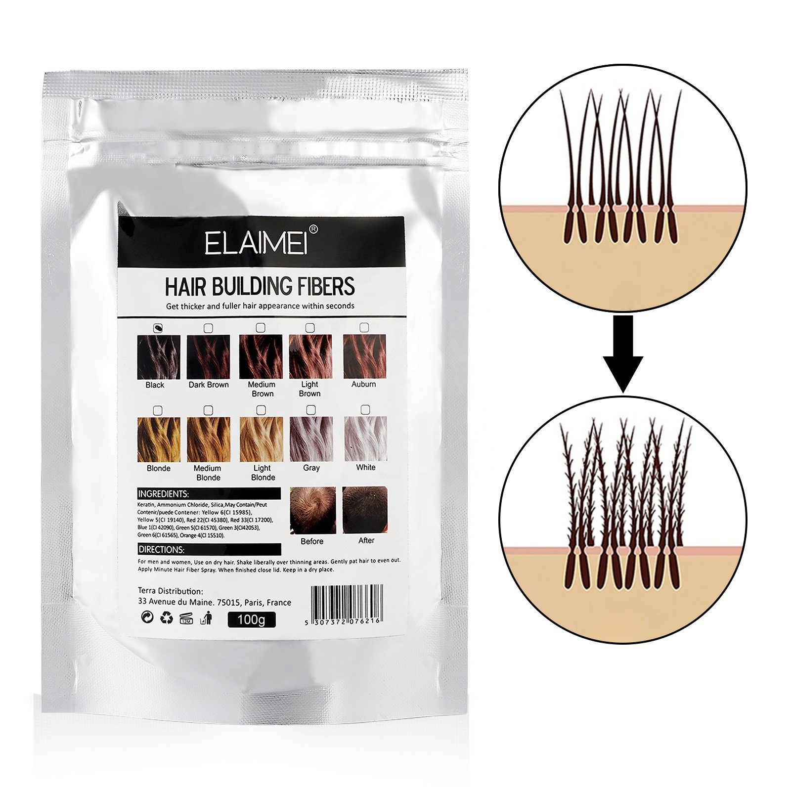 Elaimei keratin hair building fibers powder overhead color replenishing sprayer hair fiber bottle applicator for thinning hair