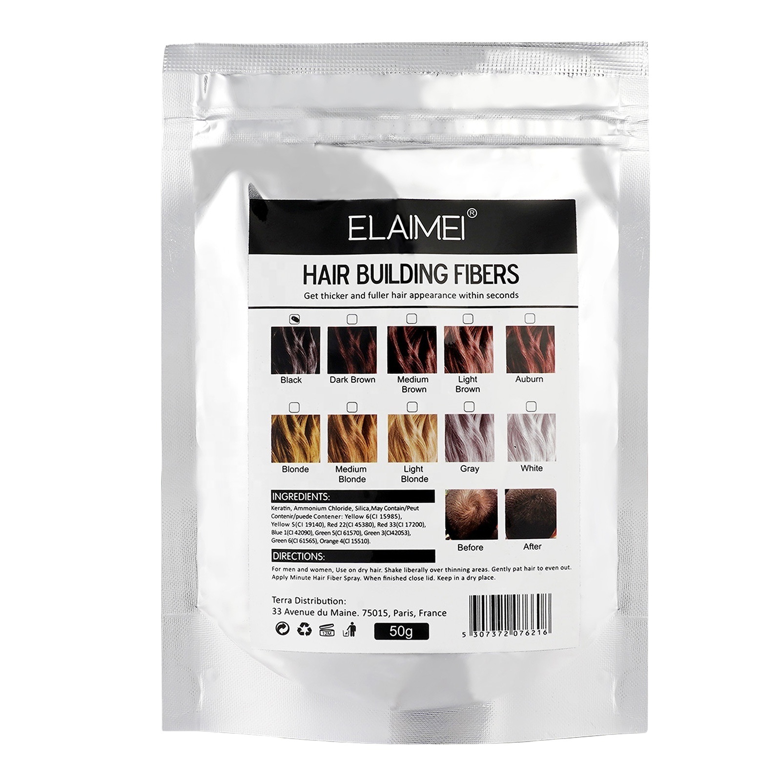 Elaimei keratin hair building fibers powder overhead color replenishing sprayer hair fiber bottle applicator for thinning hair