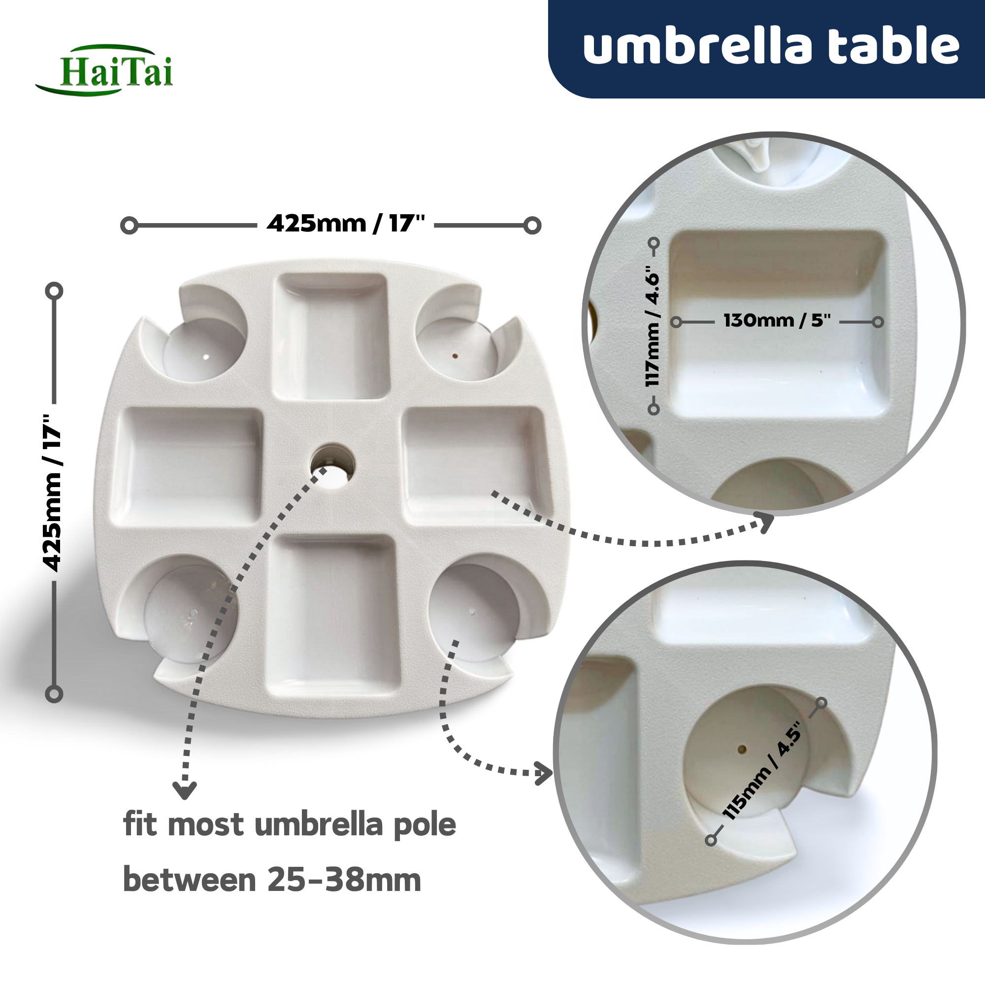 17 inches Diameter Beach Umbrella Table with 4 Cup Holders, Heavy Duty Umbrella Anchor, 2pcs Beach Umbrella Hanging Hook