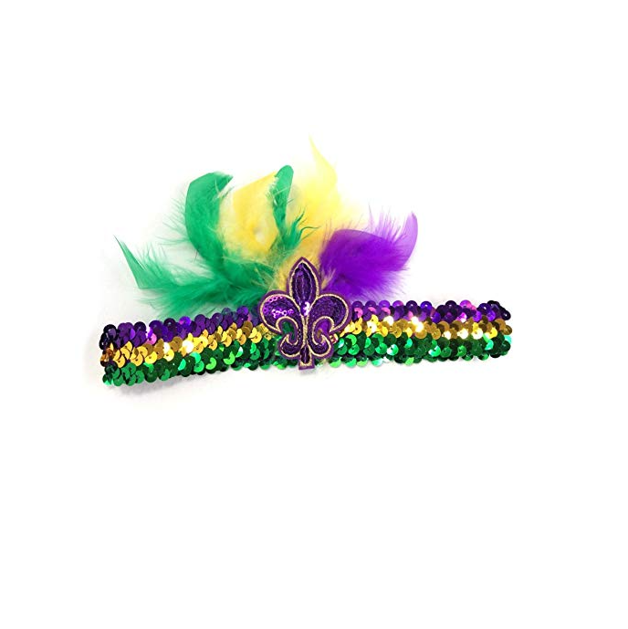 Mardi Gras Feather Fleur De Lis Sequin Headband Purple Green Gold Sequin Fat Tuesday Accessory New Orleans