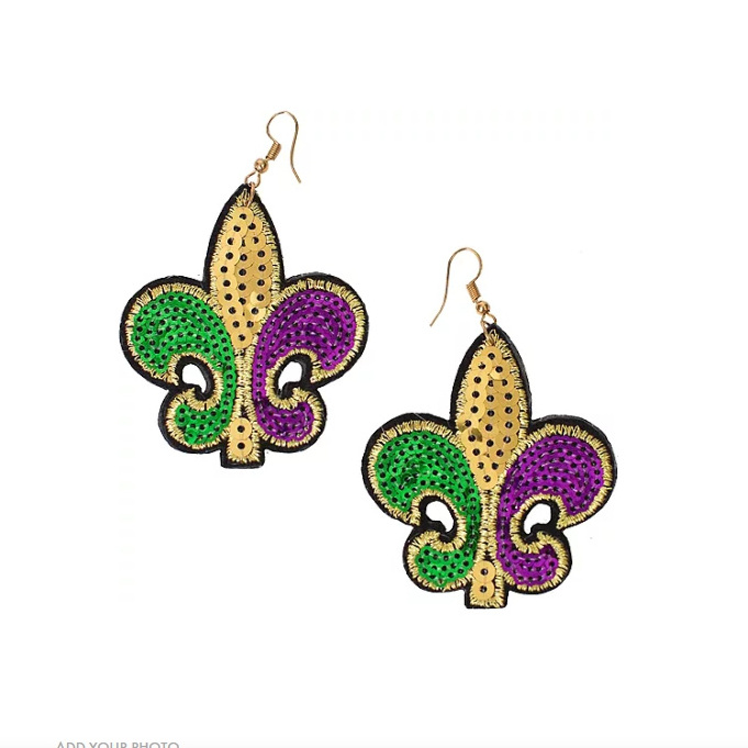 Mardi Gras Black Gold Fleur de Lis Sequin Applique Earrings