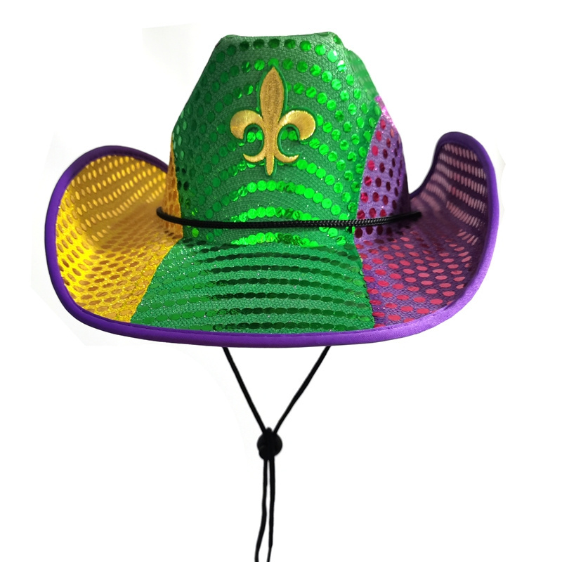 Wholesale Factory Price Light Up Flashing Brim Fleur De Lis Cowboy Hat Mardi Gras Sequins Hat With Led