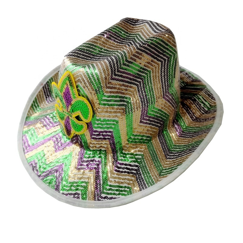 Mardi Gras Apparel Accessories Purple Sequin Gold Green Bling Hat Fleur De Lis Multi Colored Sequin Mardi Gras Cowboy Hat