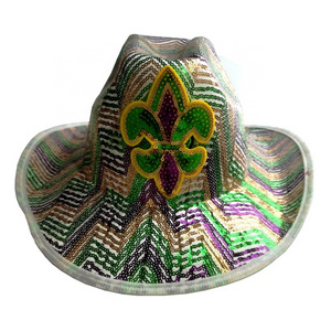 Mardi Gras Apparel Accessories Purple Sequin Gold Green Bling Hat Fleur De Lis Multi Colored Sequin Mardi Gras Cowboy Hat