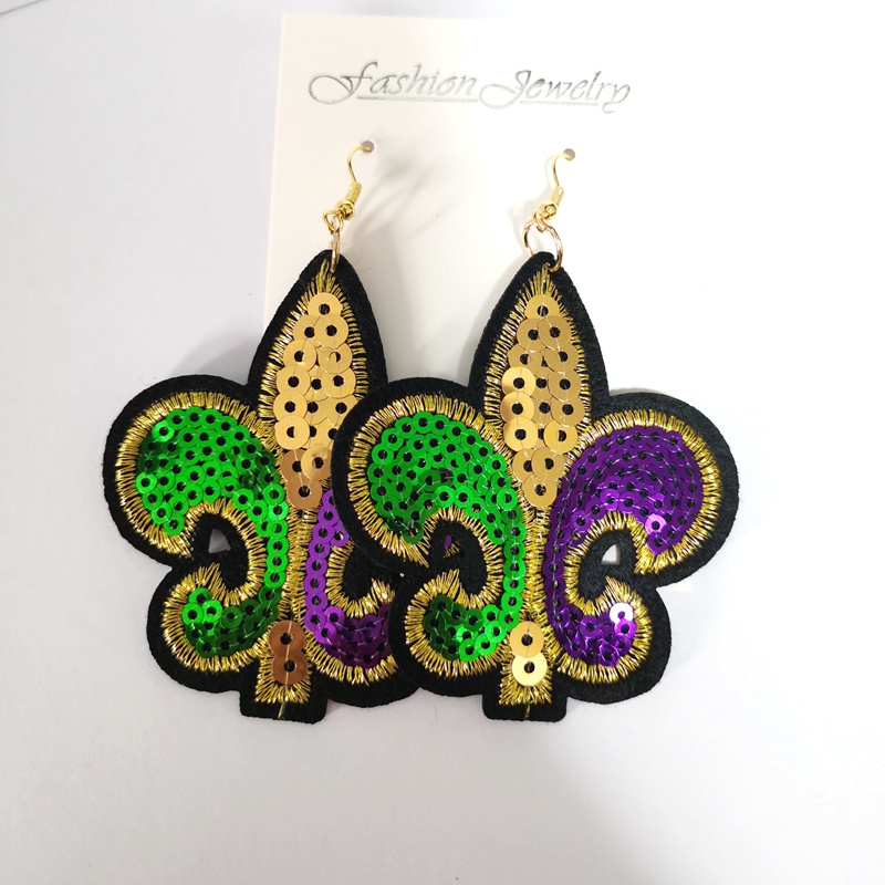 Personalized Purple Green Gold Glitter Sequin Mardi Gras Fleur de Lis Earrings