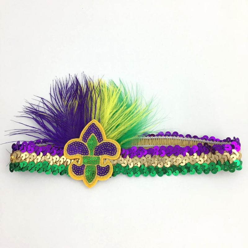 Fleur De Lis New Orleans Saints Purple Yellow Green Black and Gold Feathered Sequin Headband For Mardi Gras