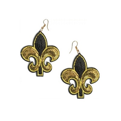 Mardi Gras Black Gold Fleur de Lis Sequin Applique Earrings