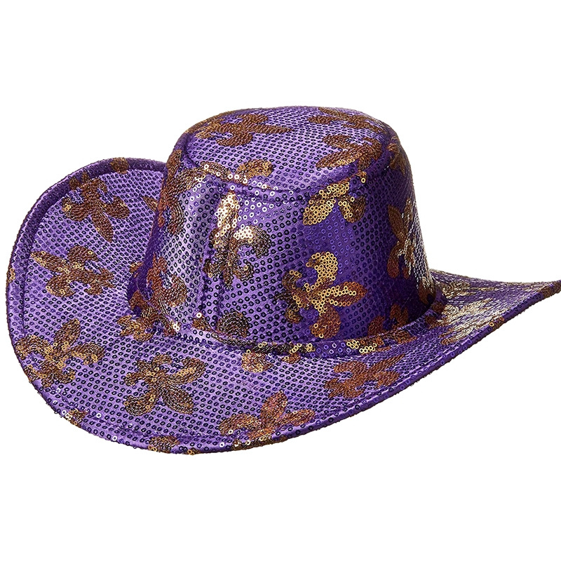 Haiwin Party New Orleans Fleur De Lis Sequin Mardi Gras Purple Cowboy Hat