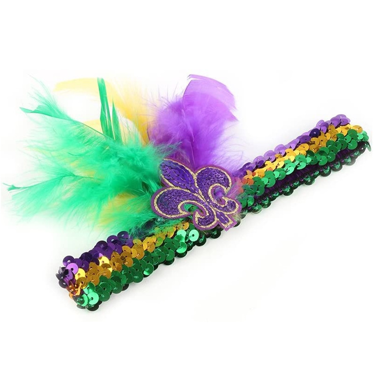 Fleur De Lis New Orleans Saints Purple Yellow Green Black and Gold Feathered Sequin Headband For Mardi Gras