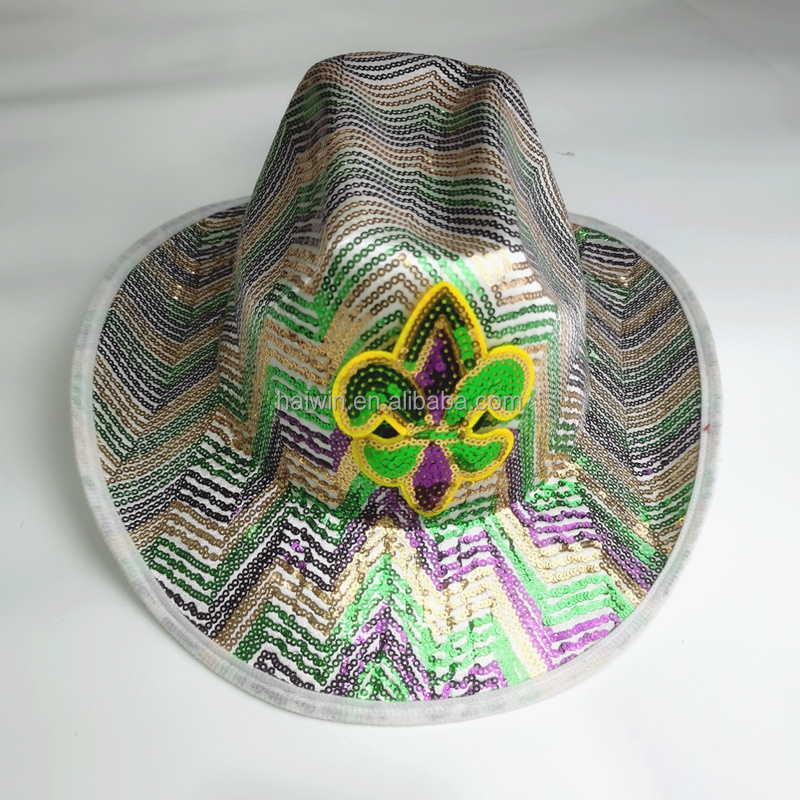 Mardi Gras Apparel Accessories Purple Sequin Gold Green Bling Hat Fleur De Lis Multi Colored Sequin Mardi Gras Cowboy Hat