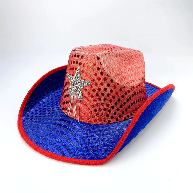 USA July Fourth American Flag Red White and Blue Patriotic Sequin Cowboy Hat