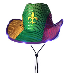 Wholesale Factory Price Light Up Flashing Brim Fleur De Lis Cowboy Hat Mardi Gras Sequins Hat With Led