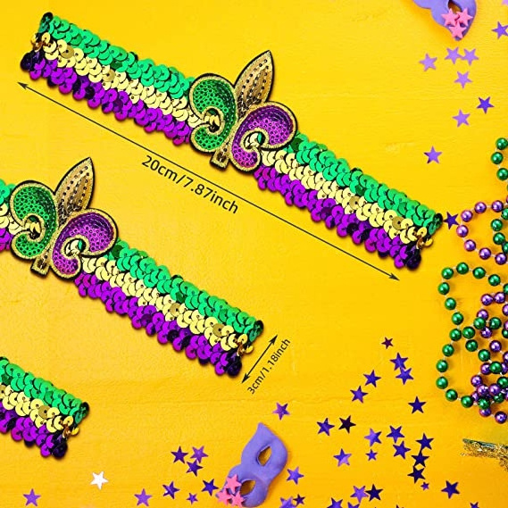 Haiwin Party Carnival Elastic Glitter Mardi Gras Fleur De Lis Sequin Flapper Headbands for Carnival Party Costume