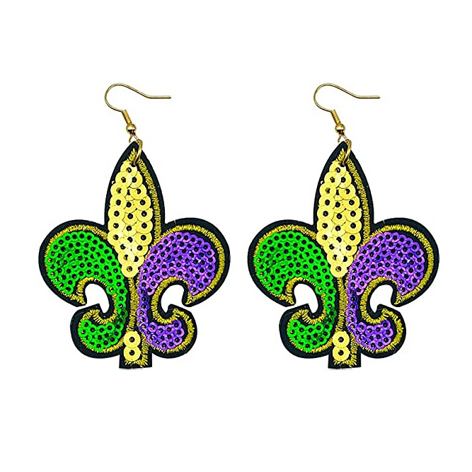 Personalized Purple Green Gold Glitter Sequin Mardi Gras Fleur de Lis Earrings