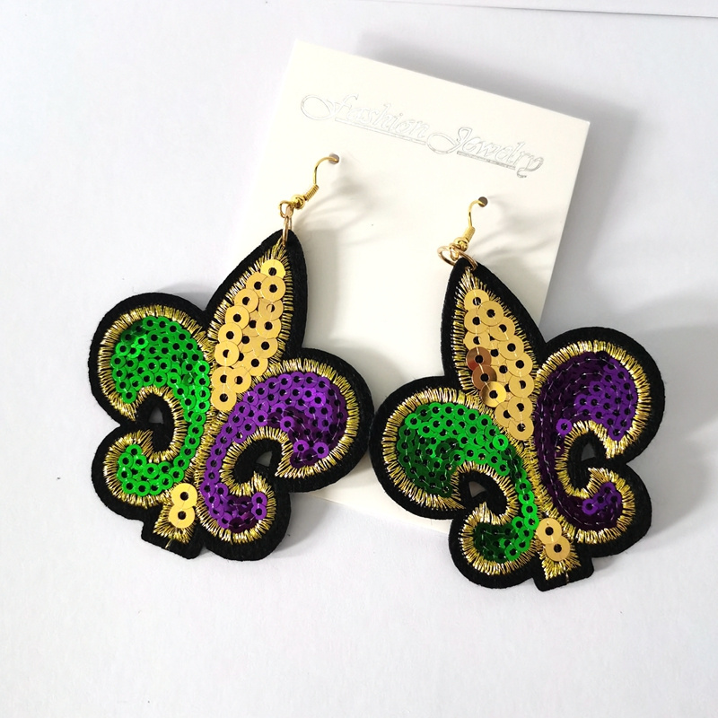 Personalized Purple Green Gold Glitter Sequin Mardi Gras Fleur de Lis Earrings