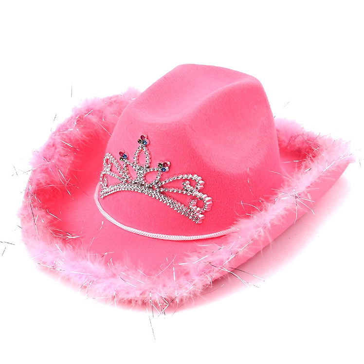 Haiwin Party Custom Kiss Me Quick Pink Cowboy Hat Fluffy Feather Boa Cowgirl Hat for Women