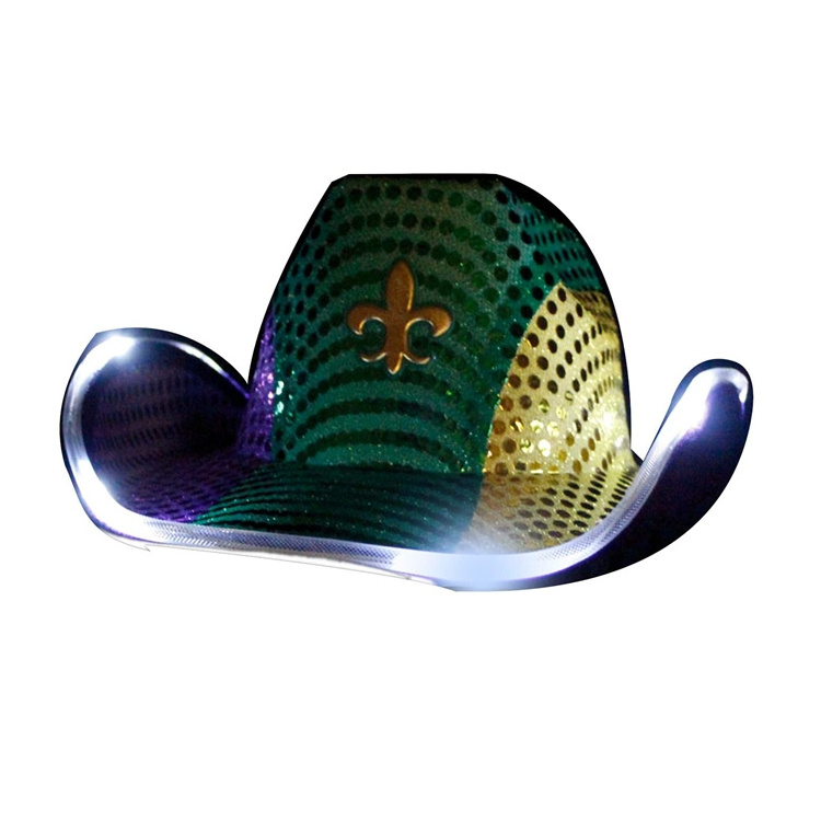 Wholesale Factory Price Light Up Flashing Brim Fleur De Lis Cowboy Hat Mardi Gras Sequins Hat With Led