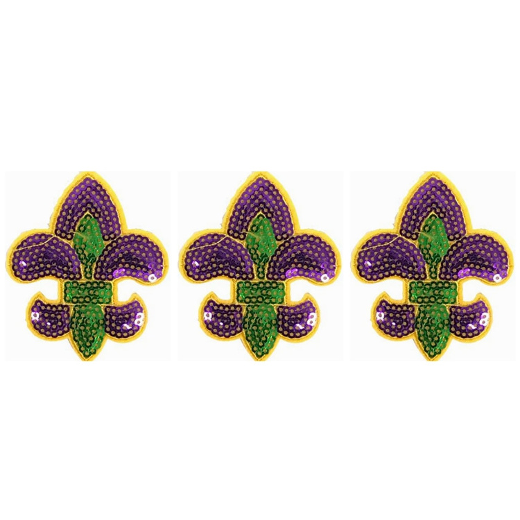 Mardi gras Gold Purple Green Fleur De Lis Embroidered Sequins Patches Appliques Patches