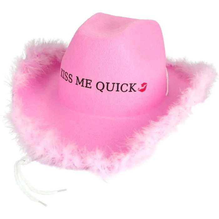 Haiwin Party Custom Kiss Me Quick Pink Cowboy Hat Fluffy Feather Boa Cowgirl Hat for Women