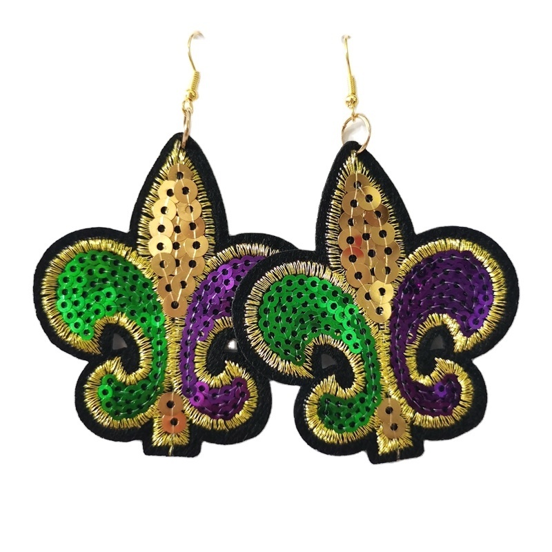 Personalized Purple Green Gold Glitter Sequin Mardi Gras Fleur de Lis Earrings