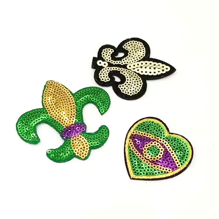 Mardi gras Gold Purple Green Fleur De Lis Embroidered Sequins Patches Appliques Patches