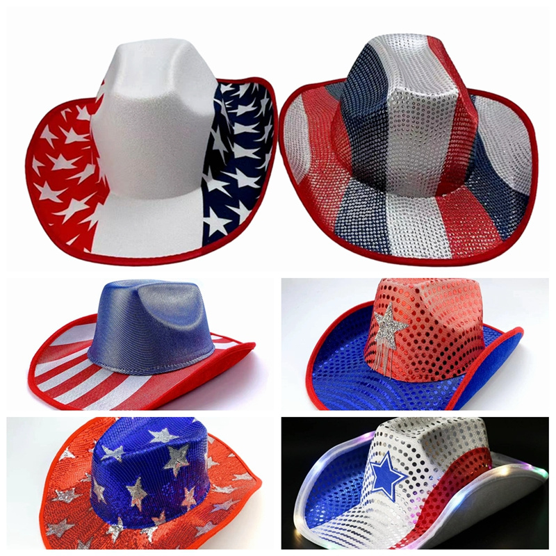 USA July Fourth American Flag Red White and Blue Patriotic Sequin Cowboy Hat