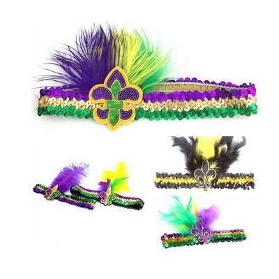 Fleur De Lis New Orleans Saints Purple Yellow Green Black and Gold Feathered Sequin Headband For Mardi Gras