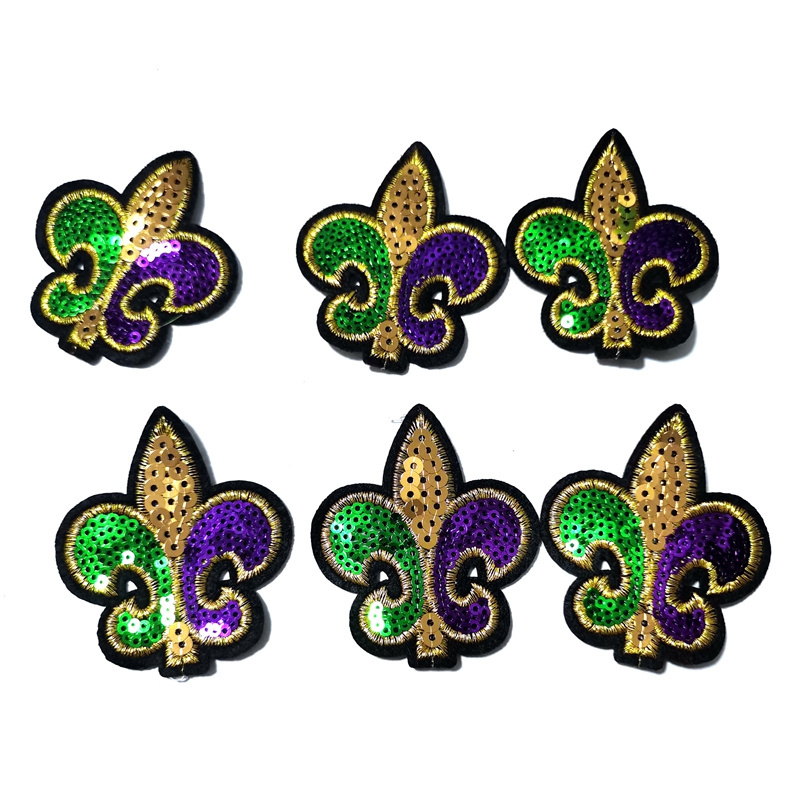 Mardi gras Gold Purple Green Fleur De Lis Embroidered Sequins Patches Appliques Patches