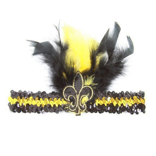 Fleur De Lis New Orleans Saints Purple Yellow Green Black and Gold Feathered Sequin Headband For Mardi Gras