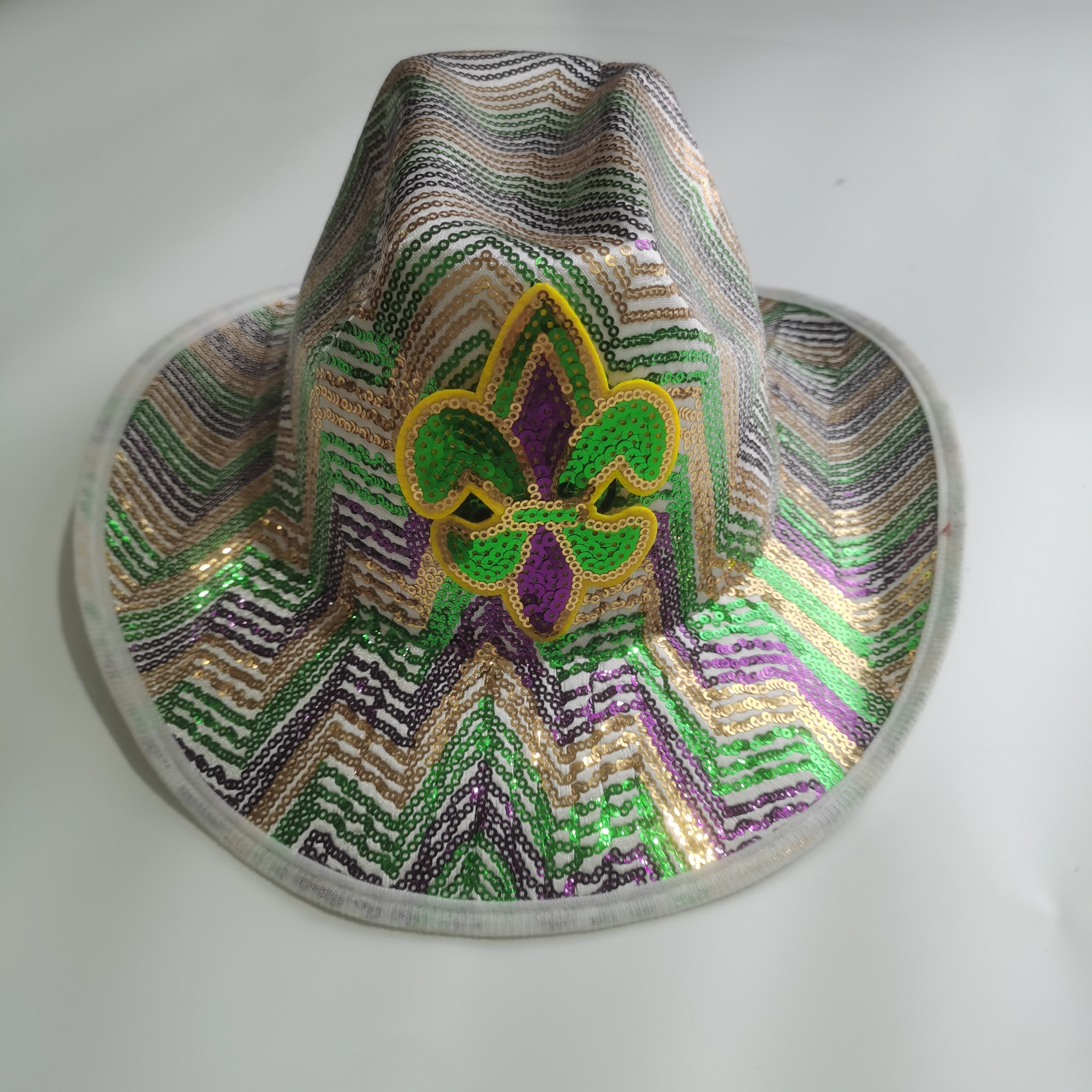 Mardi Gras Apparel Accessories Purple Sequin Gold Green Bling Hat Fleur De Lis Multi Colored Sequin Mardi Gras Cowboy Hat