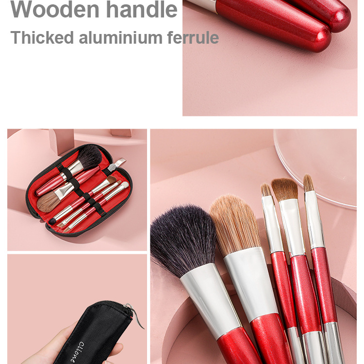 Haixin high end 5pcs professional Christmas makeup brush set natural hair private label travel makeup brush with bag